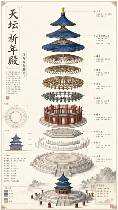 生成一个天坛的建筑拆解图，有详细的说明，中式美学风格