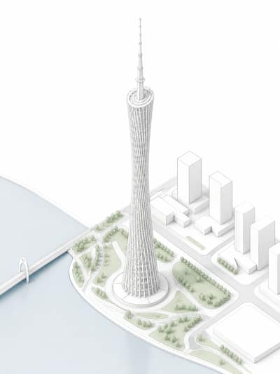 生成一张等距轴测视角的广州塔的概念建筑白模渲染图
使用简化的白模搭配极简化的周边环境，参考BIG事务所经典的分析图表达风...
