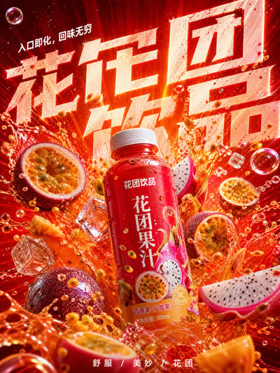 请根据以下用户输入，创作一张高完成度的「爆炸果饮系列 / Fruit Burst Beverage Poster Series」商业饮品海报。

【用户输入】
