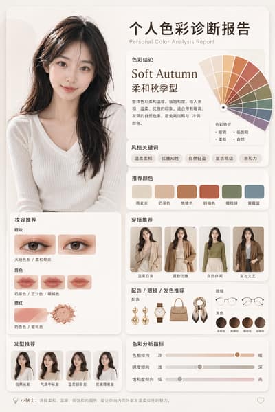 一个现代UI风格的信息报告海报，主题是“个人色彩诊断报告”，干净简约的浅色背景（米白色/浅灰色），卡片式布局，多模块信息排版。

左侧是一位亚洲年轻女性半身人像
