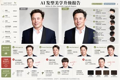 请基于用户上传的正面形象照片，生成一张横向高完成度「AI 发型美学升级报告 / Before & After Hairs...