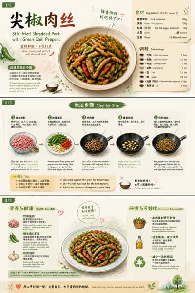 为一道国际食谱制作一本3页彩色混合媒介美食小志，介绍尖椒肉丝。加入必要的分步图、示意图和说明。也写出这道菜相关的健康或环...