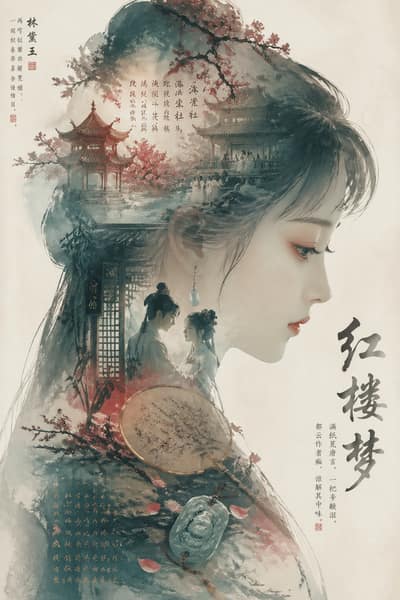 根据主题“红楼梦”自动生成一张收藏版史诗叙事海报。以林黛玉的巨大侧脸剪影作为外轮廓，剪影内部生长出最契合《红楼梦》的世界观：大观园、海棠诗社、潇湘馆、落花、团扇