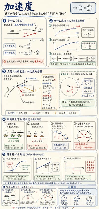 请创作一张关于「加速度」的数学可视化信息图，目标是帮助读者直观理解：它是什么、为什么成立、几何/结构直觉是什么、在不同场...